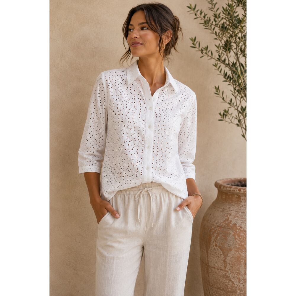Choices White Linen Blend Eyelet Button Front Blouse Womens Medium 3/4 Sleeve